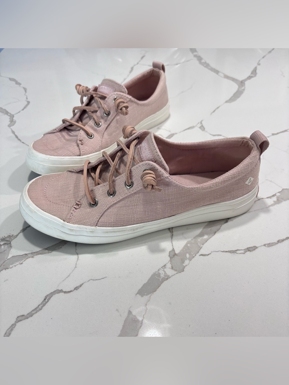 Sperry Crest Vibe Blush Pink Linen Shoes Rawhide Lace-Up Non-Slip Sneakers US 8